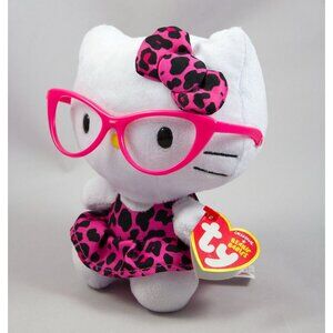 Ty Sanrio Hello Kitty 6" Plush Glasses Pink/Black Leopard Print Dress & Bow 2014